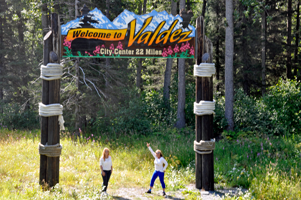 Karen Duquette and Ilse at the Valdez Welcome sign